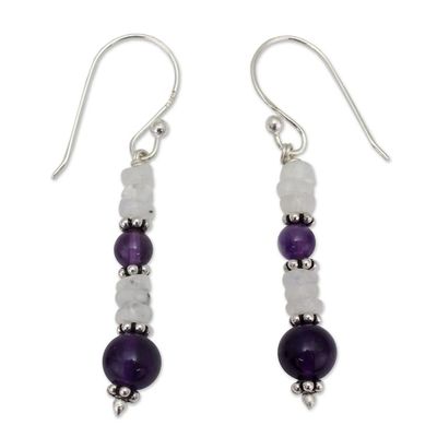 Alternate image for Amethyst and Rainbow Moonstone Dangle Earrings Morning Clouds