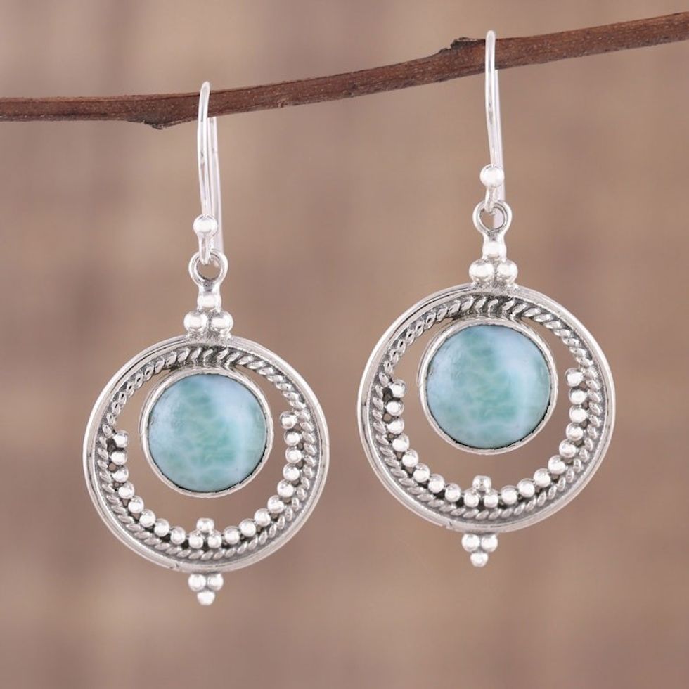 Larimar and Sterling Silver Dangle Earrings from India 'Lunar Delight'