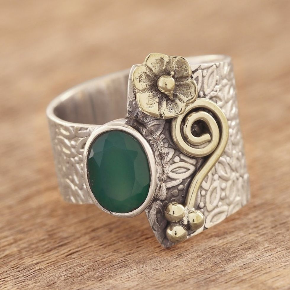 Floral Green Onyx Cocktail Ring Crafted in India 'Garden Gold'