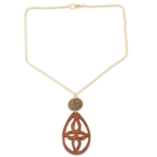 Alternate image for Acacia Wood and Brass Pendant Necklace from India Majestic Drop