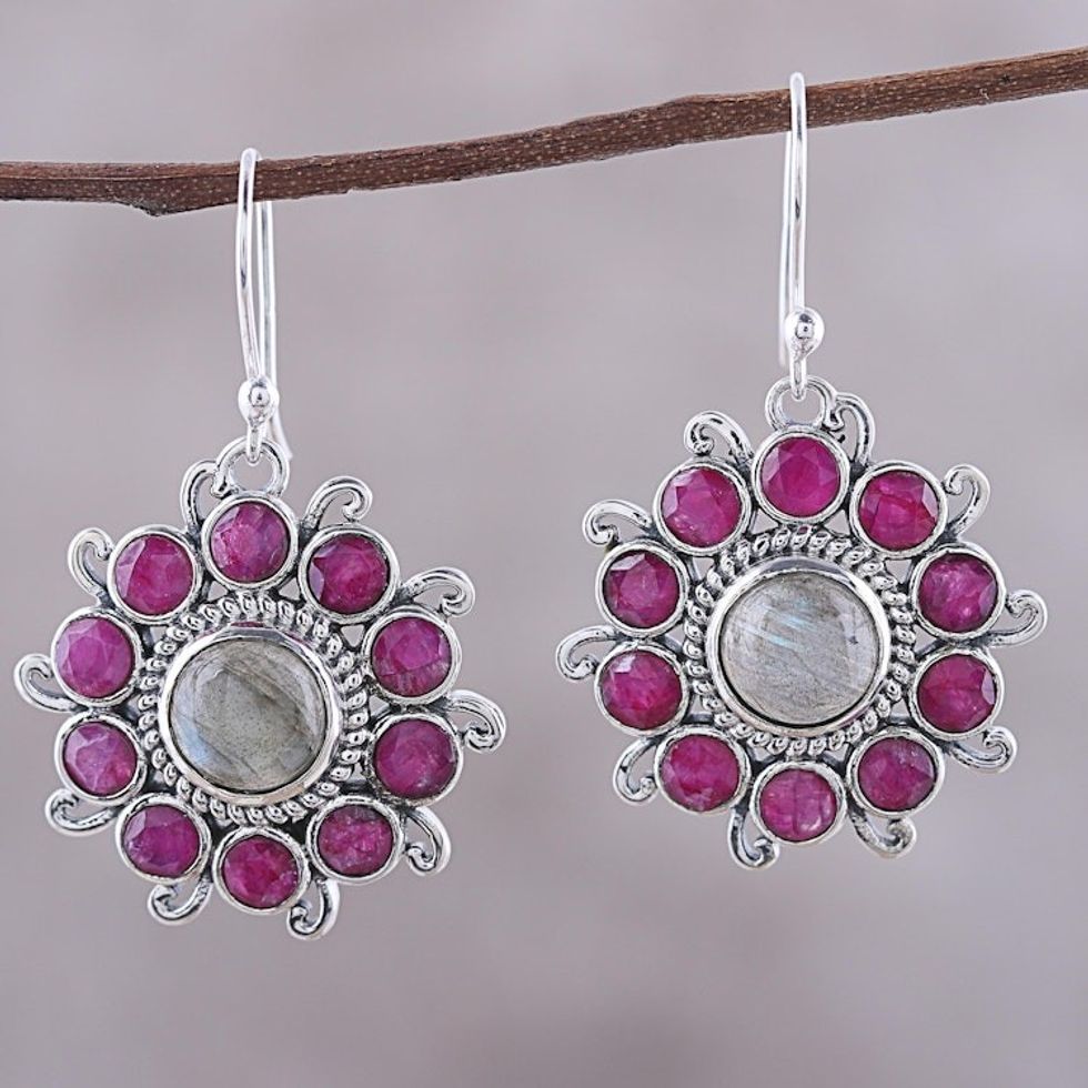 Circular Labradorite and Agate Dangle Earrings from India 'Goddess Blooms'