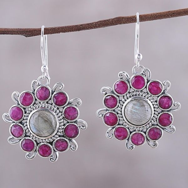 Alternate image for Circular Labradorite and Agate Dangle Earrings from India Goddess Blooms