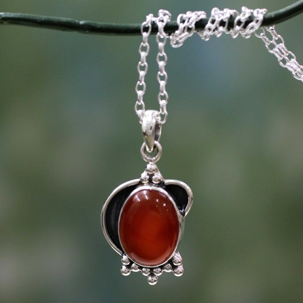 Sterling Silver and Carnelian Pendant Necklace from India 'Solar Charm'