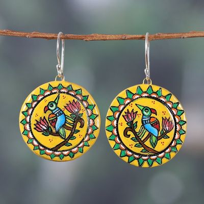 Alternate image for Bird-Themed Hand-Painted Yellow Ceramic Dangle Earrings Arcadia Bird