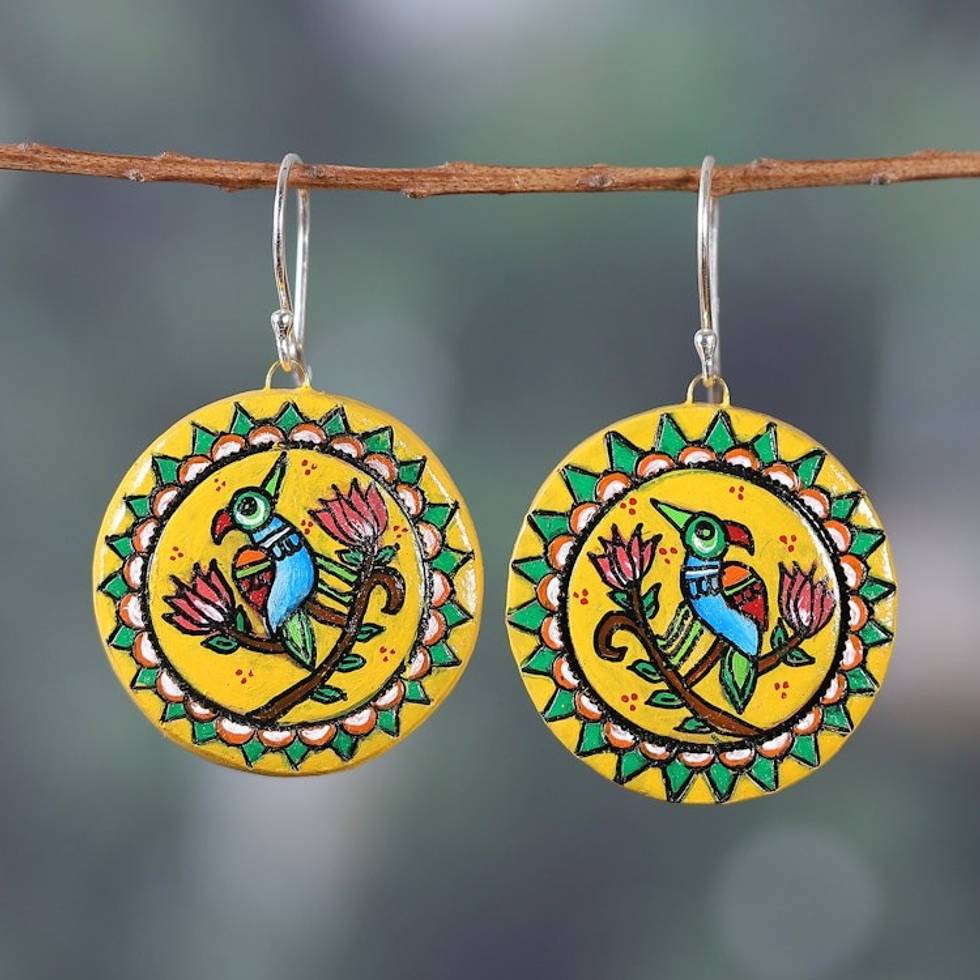 Bird-Themed Hand-Painted Yellow Ceramic Dangle Earrings 'Arcadia Bird'