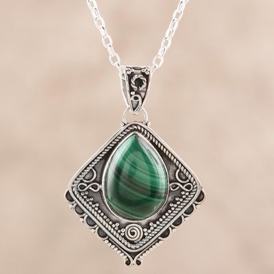 Alternate image for Natural Malachite and Sterling Silver Pendant Necklace Green Kite