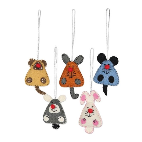 Alternate image for Set of 5 Mouse Rabbit Wool Felt Holiday Ornaments Mischievous Mice