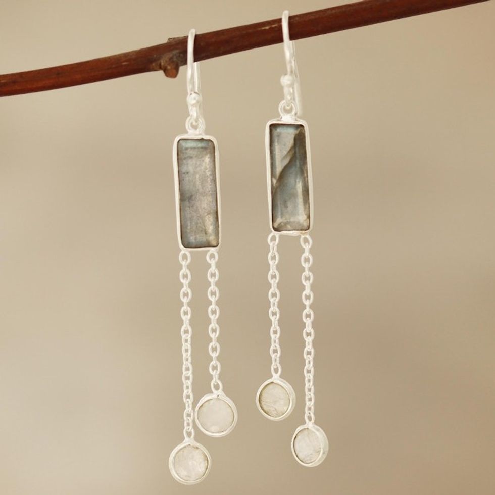 Labradorite and Rainbow Moonstone Dangle Earrings from India 'Misty Cheer'