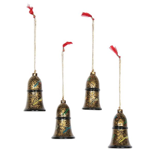 Alternate image for Floral Papier Mache Bell Ornaments from India Set of 4 Midnight Song