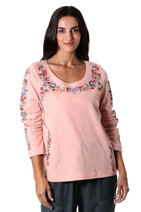 Alternate image for Embroidered Cotton Long-Sleeved T-Shirt Floral Ode in Petal Pink