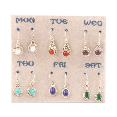 Alternate image for Set of 6 Polished Sterling Silver Gemstone Dangle Earrings Daily Jewels