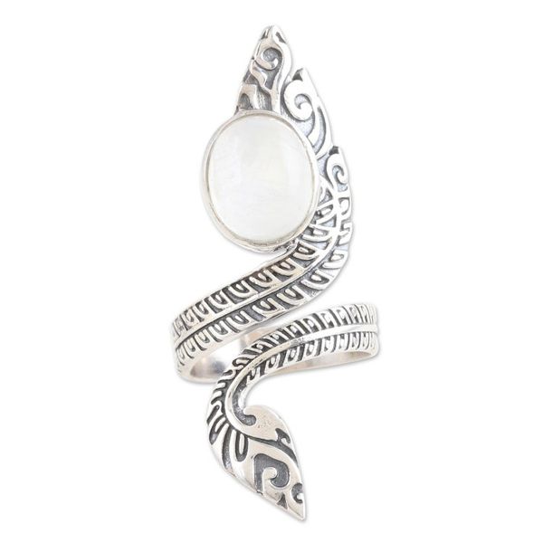 Alternate image for Rainbow Moonstone Wrap Ring with Sterling Silver Leaf Motifs Ethereal Perfection