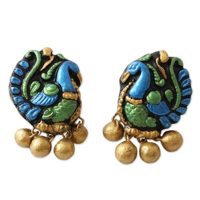 Alternate image for Hand Painted Ceramic Peacock Drop Earrings Preening Peacock