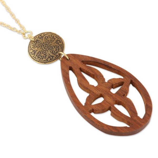 Alternate image for Acacia Wood and Brass Pendant Necklace from India Majestic Drop