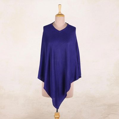 Alternate image for Indian Cashmere Wool Knitted Cobalt Blue Poncho Cobalt Blue Warmth