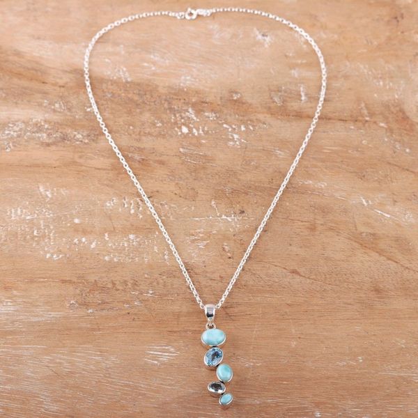 Alternate image for Two-Carat Larimar and Faceted Blue Topaz Pendant Necklace Blue Pinnacle