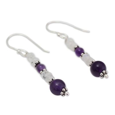 Alternate image for Amethyst and Rainbow Moonstone Dangle Earrings Morning Clouds