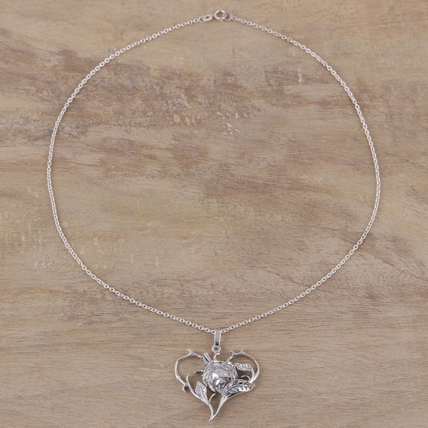 Alternate image for Sterling Silver Heart and Floral Design Necklace from India Flower in the Heart