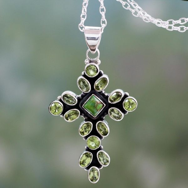 Alternate image for Peridot and Sterling Silver Necklace with Cross Pendant Green Tranquility