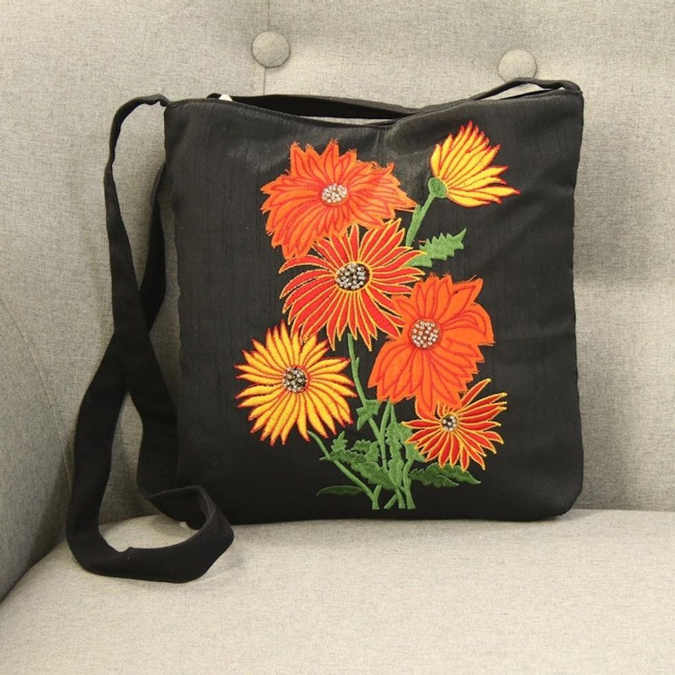 Embroidered Floral Sling Handbag from India 'Vibrant Blossom'