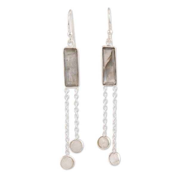 Alternate image for Labradorite and Rainbow Moonstone Dangle Earrings from India Misty Cheer