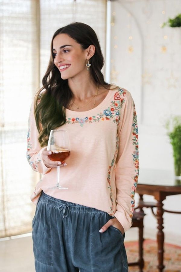 Alternate image for Embroidered Cotton Long-Sleeved T-Shirt Floral Ode in Petal Pink