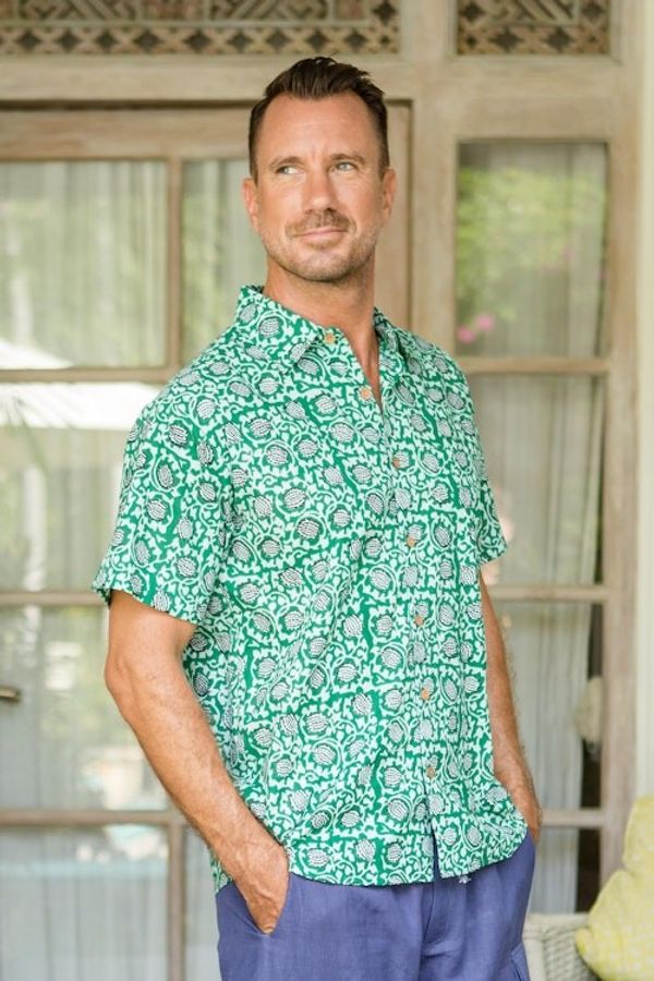 Alternate image for Mens Button-Up Cotton Shirt from India Aqua Lotus