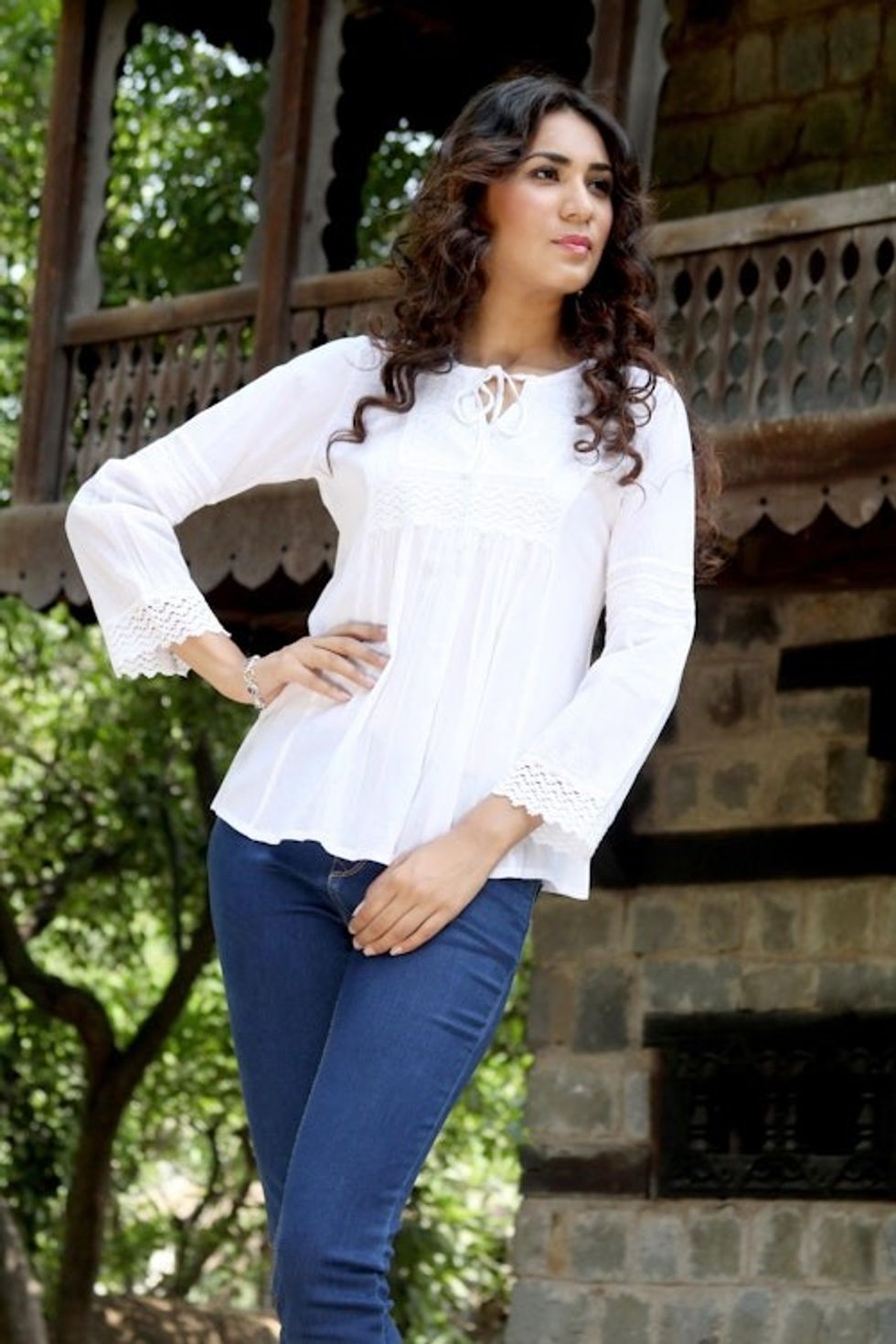 White Cotton Blouse Top Long Sleeve 'Floral Clouds'