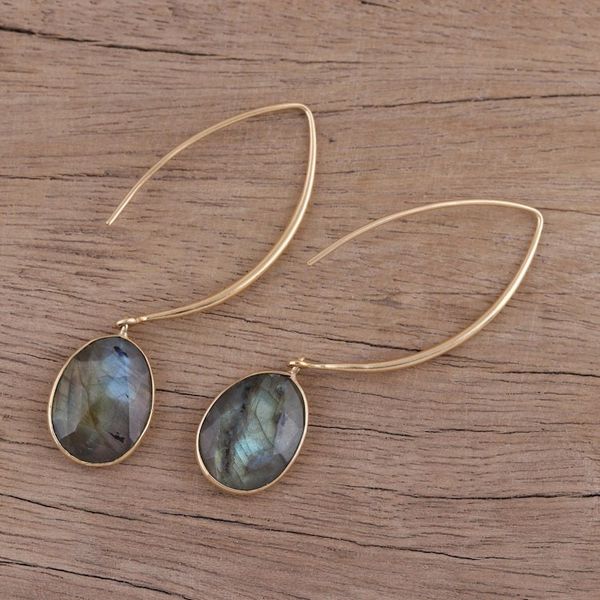 Alternate image for 15 Carat Labradorite Dangle Earrings in 18k Gold Plate Aurora Drops