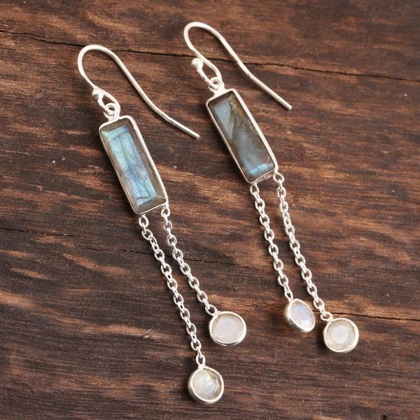 Alternate image for Labradorite and Rainbow Moonstone Dangle Earrings from India Misty Cheer