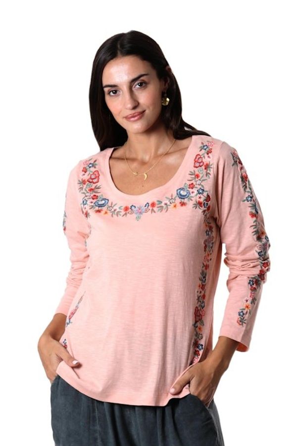 Alternate image for Embroidered Cotton Long-Sleeved T-Shirt Floral Ode in Petal Pink