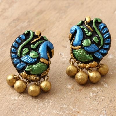 Alternate image for Hand Painted Ceramic Peacock Drop Earrings Preening Peacock