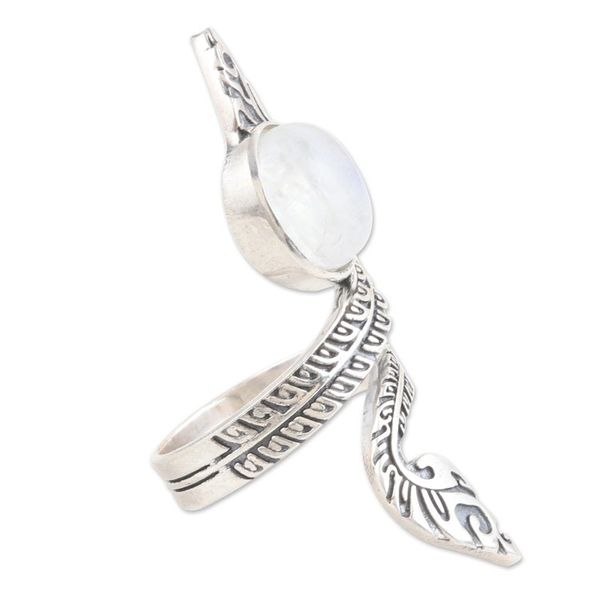 Alternate image for Rainbow Moonstone Wrap Ring with Sterling Silver Leaf Motifs Ethereal Perfection