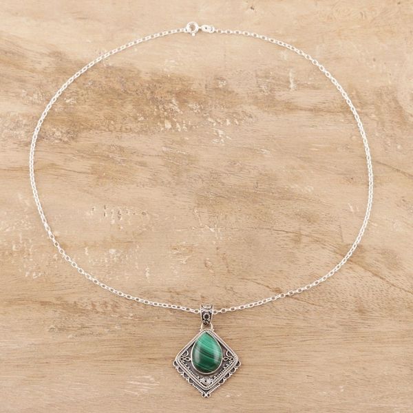 Alternate image for Natural Malachite and Sterling Silver Pendant Necklace Green Kite