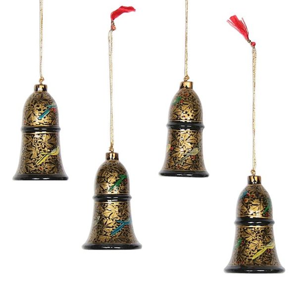 Alternate image for Floral Papier Mache Bell Ornaments from India Set of 4 Midnight Song