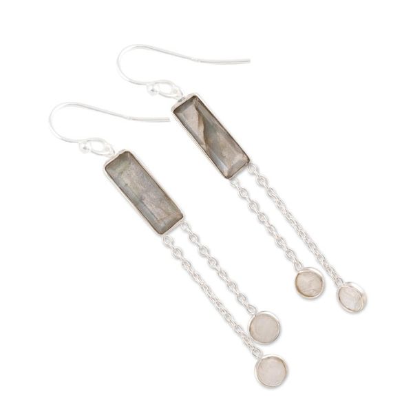 Alternate image for Labradorite and Rainbow Moonstone Dangle Earrings from India Misty Cheer