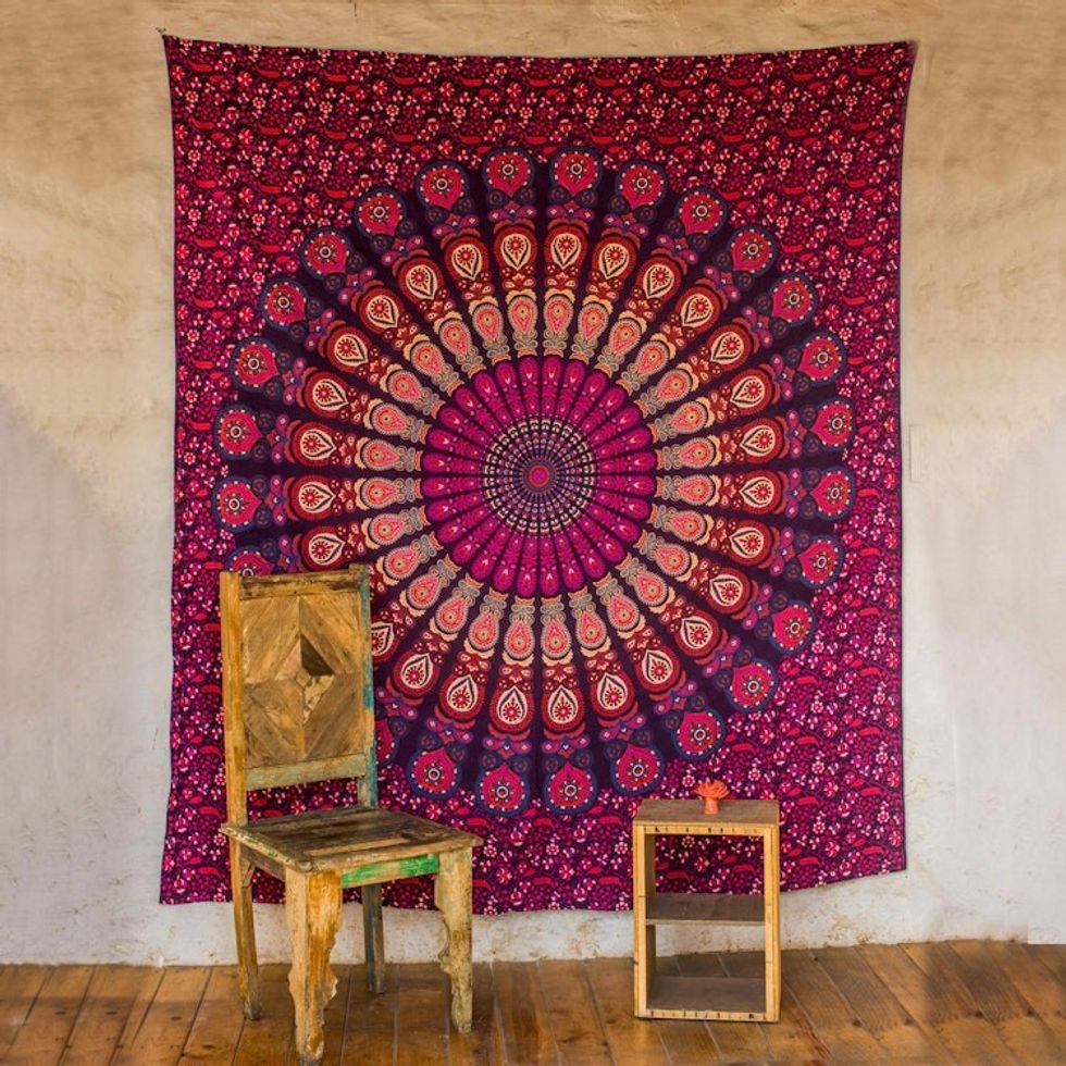 Purple Cotton Printed Mandala Wall Hanging from India 'Leafy Mandala in Magenta'