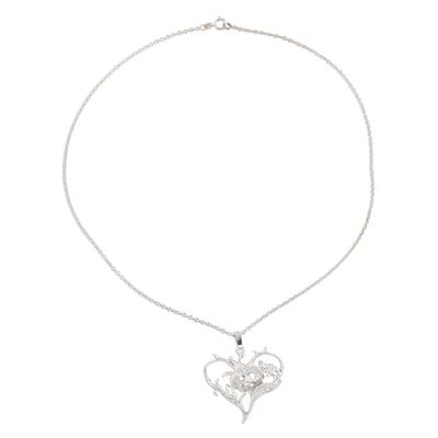 Alternate image for Sterling Silver Heart and Floral Design Necklace from India Flower in the Heart