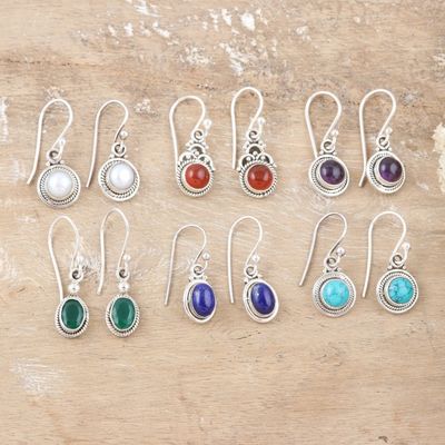 Alternate image for Set of 6 Polished Sterling Silver Gemstone Dangle Earrings Daily Jewels