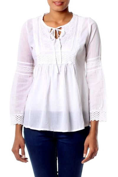 Alternate image for White Cotton Blouse Top Long Sleeve Floral Clouds