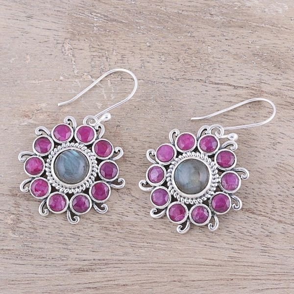 Alternate image for Circular Labradorite and Agate Dangle Earrings from India Goddess Blooms