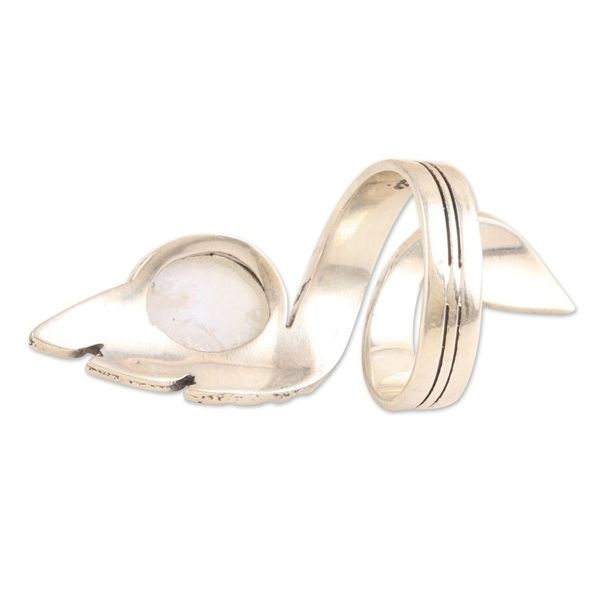 Alternate image for Rainbow Moonstone Wrap Ring with Sterling Silver Leaf Motifs Ethereal Perfection