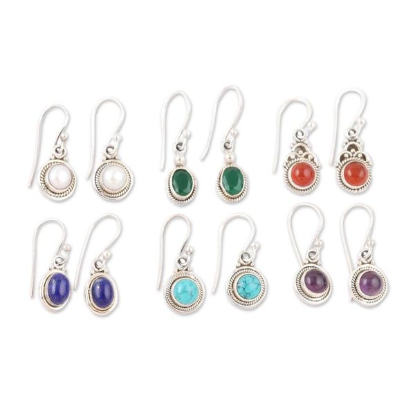 Alternate image for Set of 6 Polished Sterling Silver Gemstone Dangle Earrings Daily Jewels