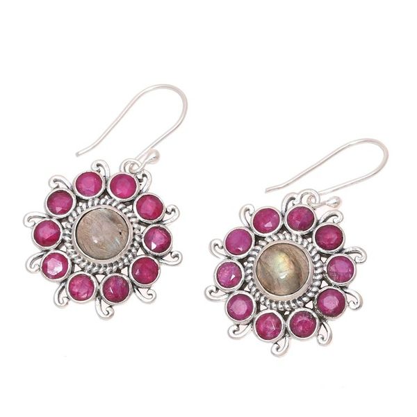 Alternate image for Circular Labradorite and Agate Dangle Earrings from India Goddess Blooms