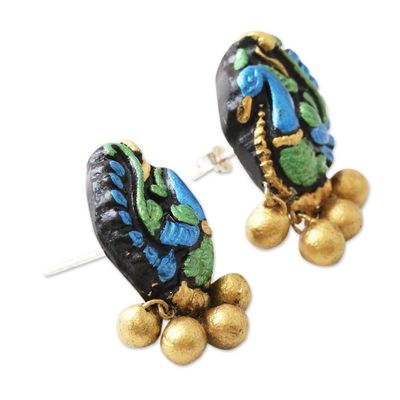Alternate image for Hand Painted Ceramic Peacock Drop Earrings Preening Peacock