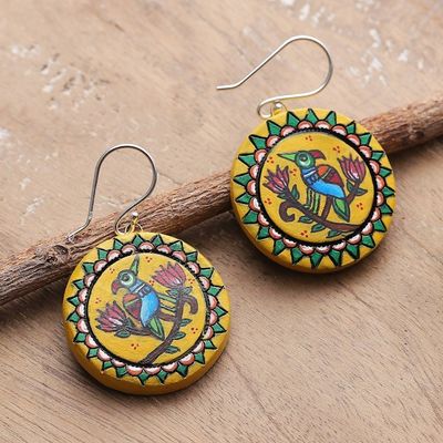 Alternate image for Bird-Themed Hand-Painted Yellow Ceramic Dangle Earrings Arcadia Bird