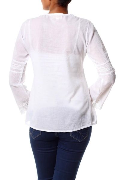 Alternate image for White Cotton Blouse Top Long Sleeve Floral Clouds