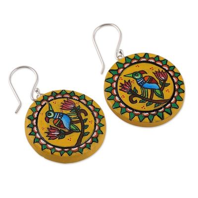 Alternate image for Bird-Themed Hand-Painted Yellow Ceramic Dangle Earrings Arcadia Bird