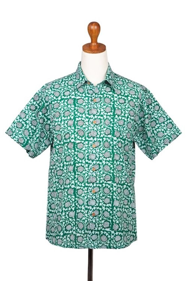 Alternate image for Mens Button-Up Cotton Shirt from India Aqua Lotus