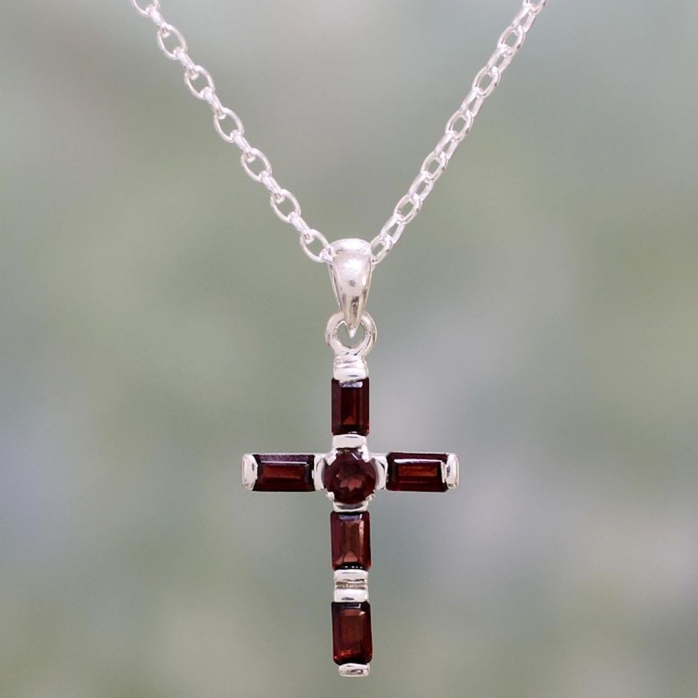 Garnet and Sterling Silver Cross Necklace from India 'Deep Crimson Cross'